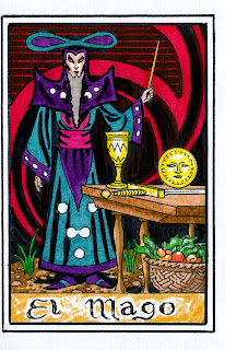 imagen del mago en un mazo moderno. figura humana sosteniendo una varita mágica, rodeado de los 4 elementos